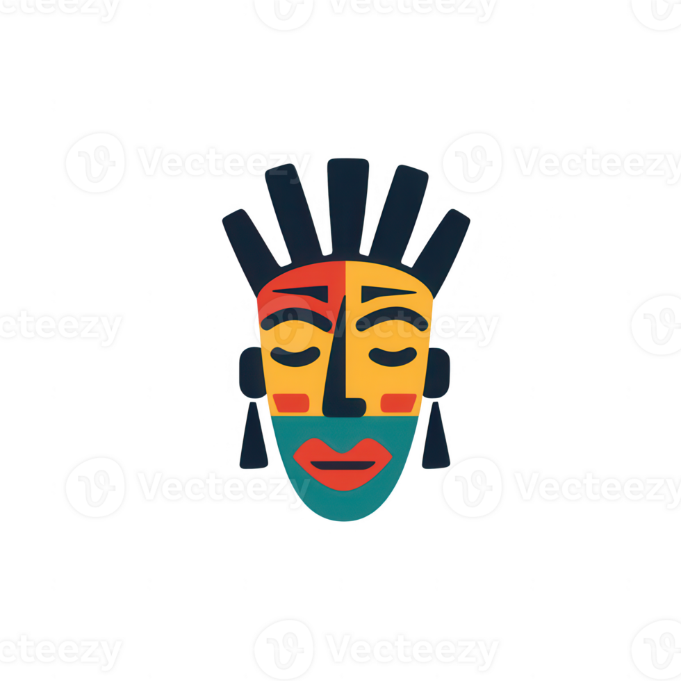 Colorful abstract representation of a traditional tribal face with distinctive patterns. png