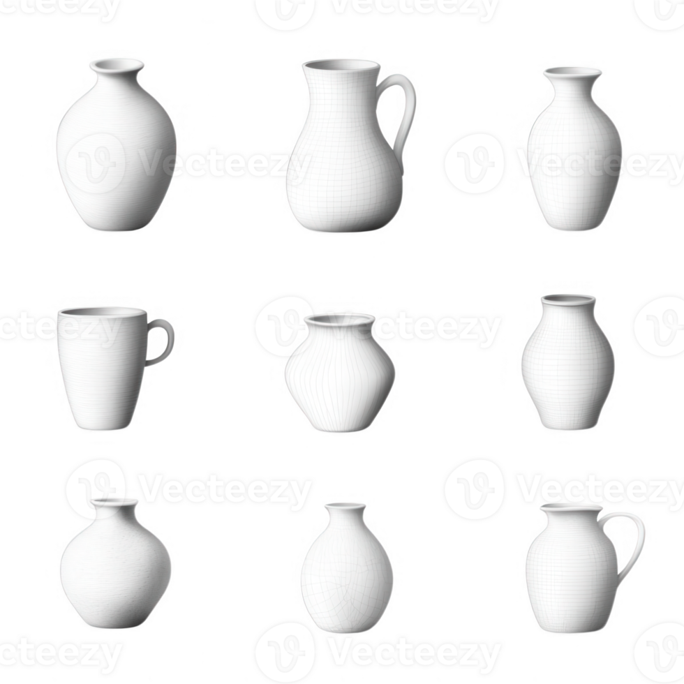 Collection of minimalistic white ceramic vessels in various shapes and sizes. png