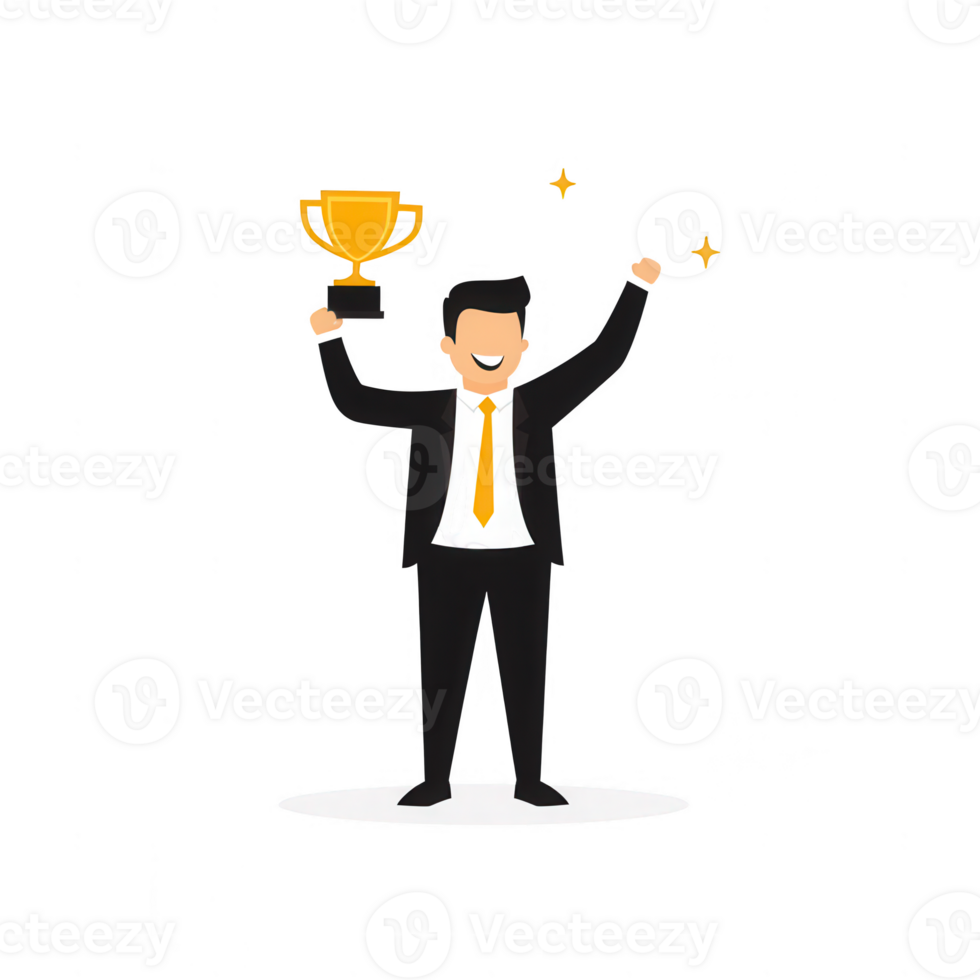 A successful man proudly holds a trophy, celebrating achievement and victory in the workplace. png