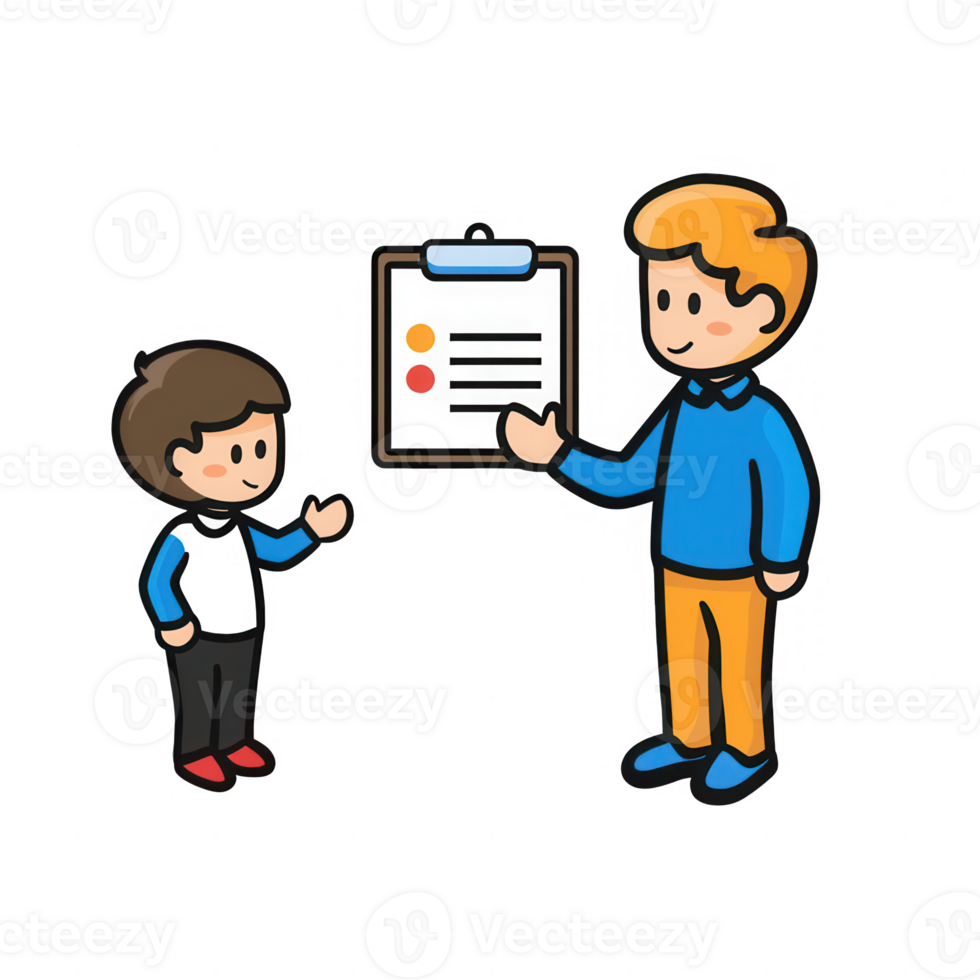 A teacher explaining a checklist to a student in a classroom setting. png