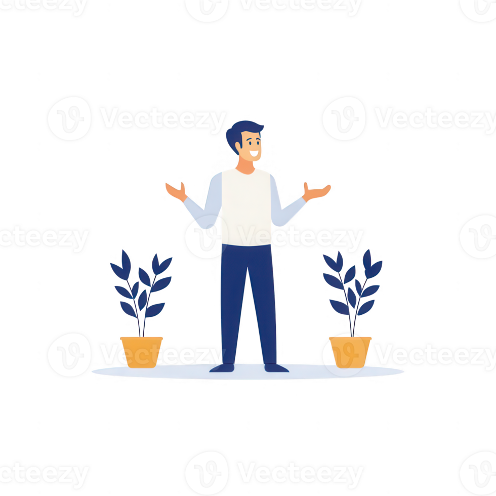 A young man standing happily between two potted plants, expressing joy and contentment. png