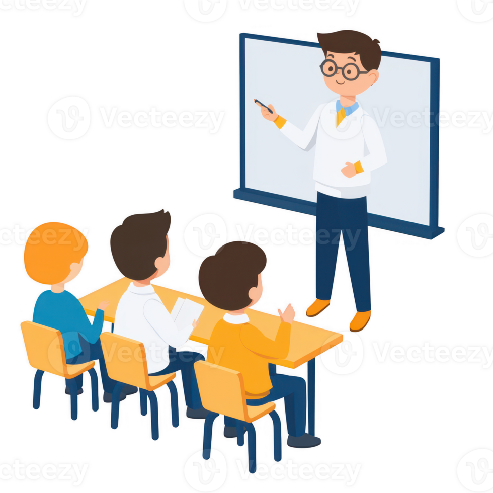 A teacher presenting a lesson to engaged students in a classroom setting. png