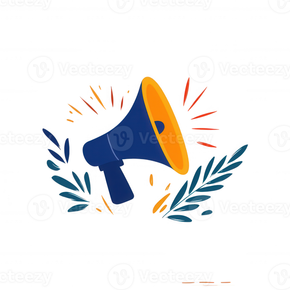 A vibrant illustration of a megaphone surrounded by colorful sparks and leaves. png