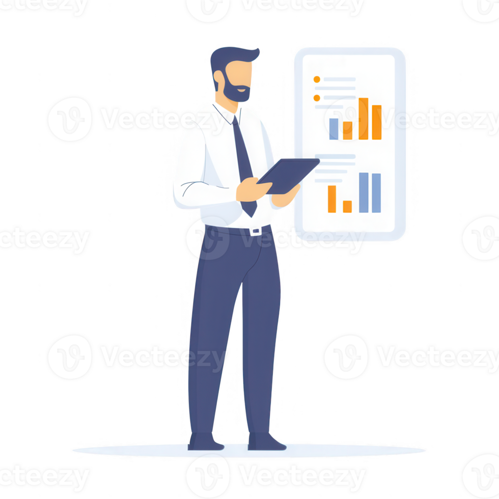 Professional man analyzing data charts and reports for business success. png