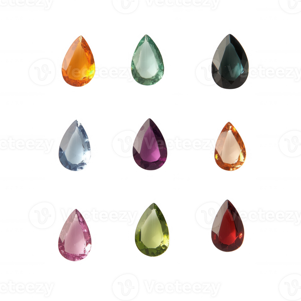 Colorful gemstones arranged in a grid showcasing various hues and shapes. png