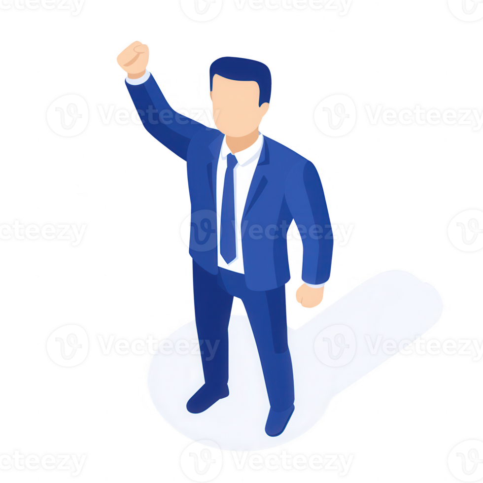 Confident businessman raising hand in victory, symbolizing success and achievement. png