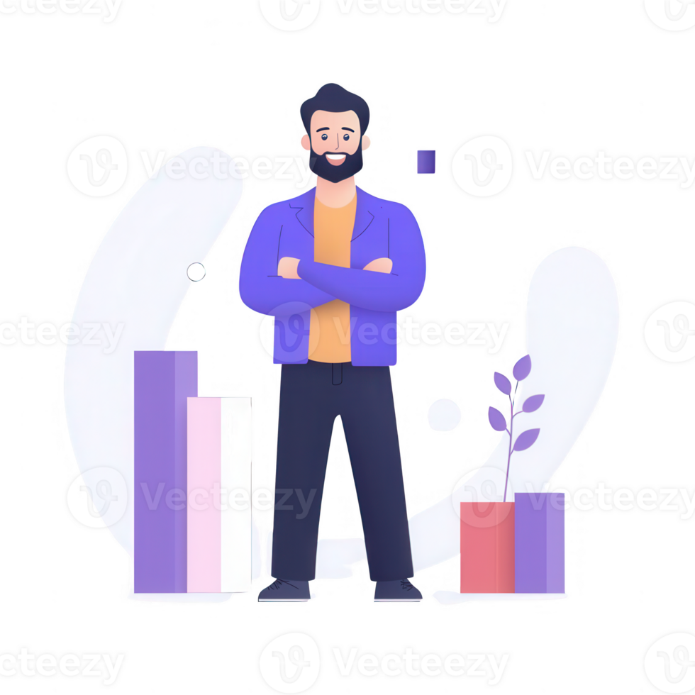 Confident businessman standing with bar graphs, representing growth and success. png
