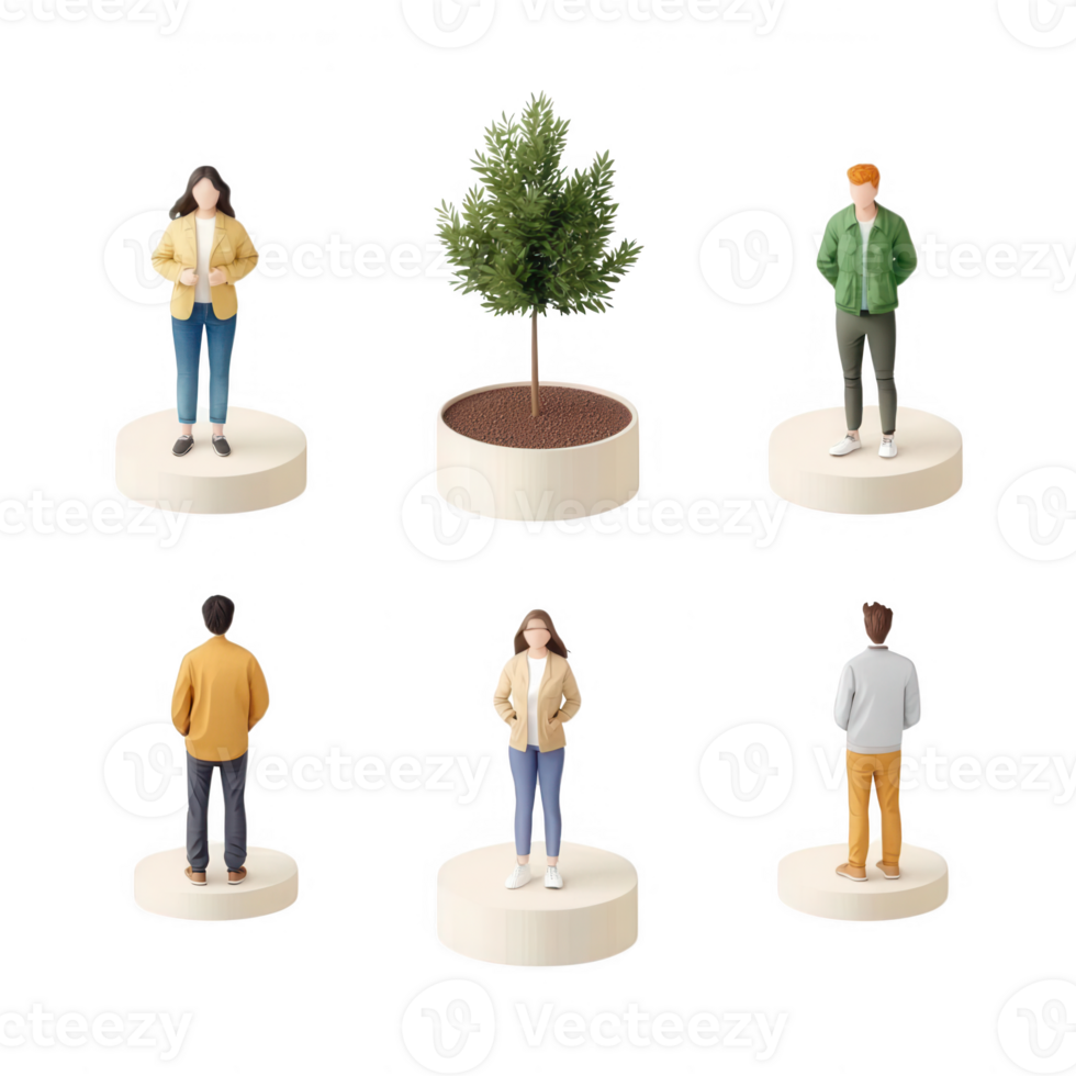 Diverse miniature figures and a tree, representing environmental awareness and community. png