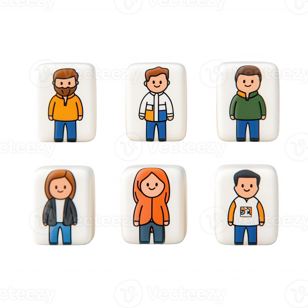 Diverse group of illustrated people in colorful clothing, representing various styles. png
