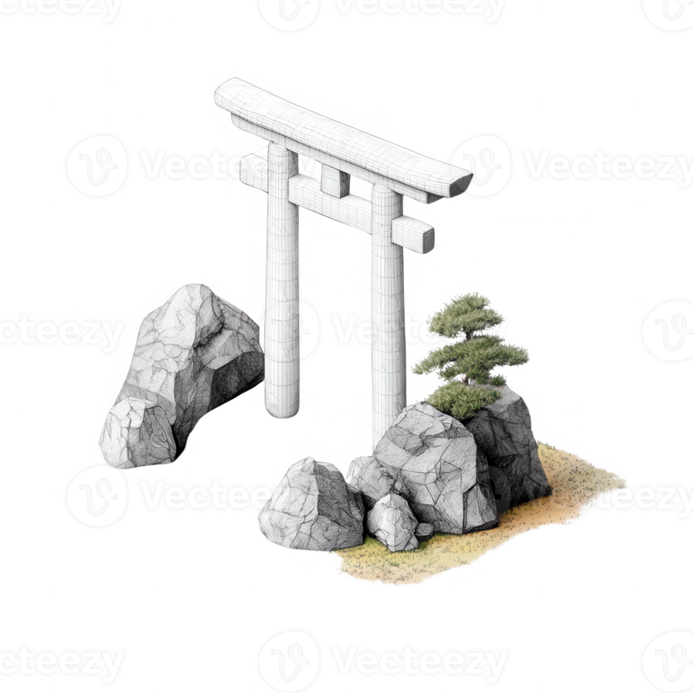Elegant traditional Torii gate surrounded by serene rocks and greenery. png