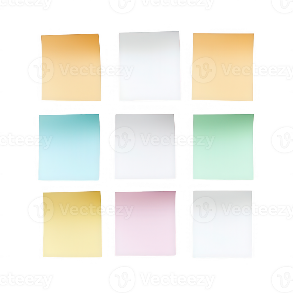 Colorful sticky notes arranged in a grid for reminders and brainstorming. png