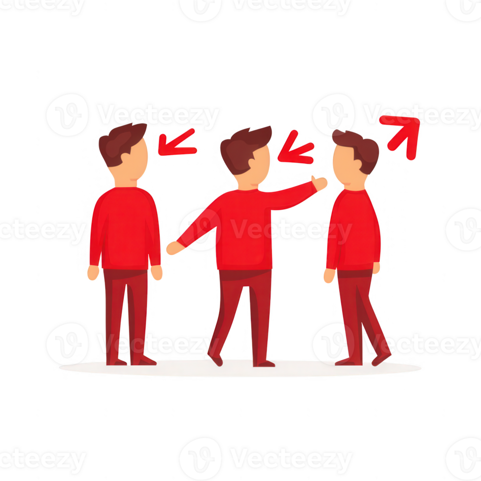 Illustration of three characters interacting with gestures in red outfits. png