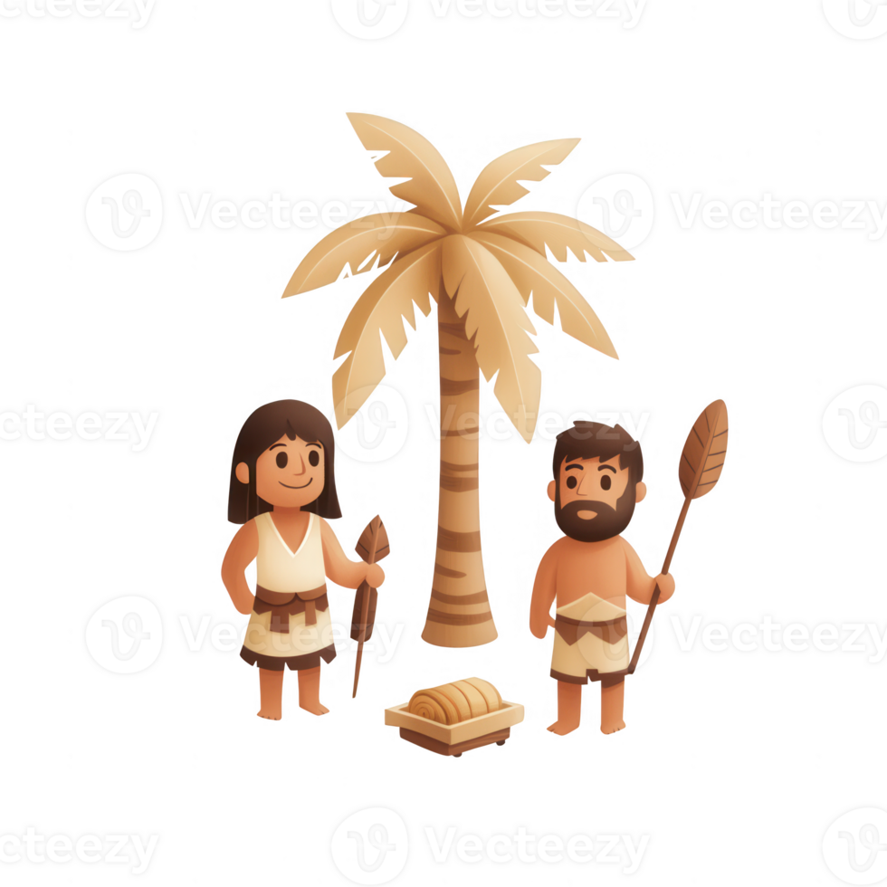 Illustration of two ancient characters standing by a palm tree on a sandy shore. png
