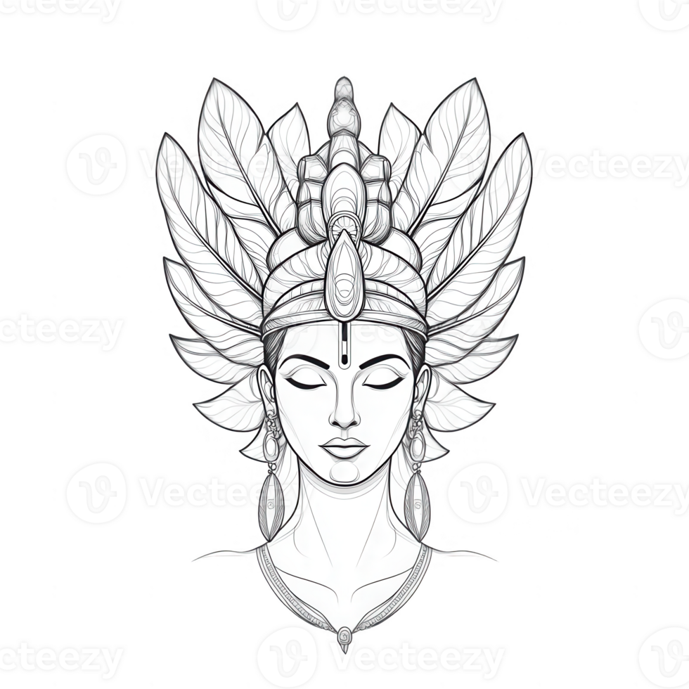 Intricate line art of a serene goddess with feathered headdress and closed eyes. png