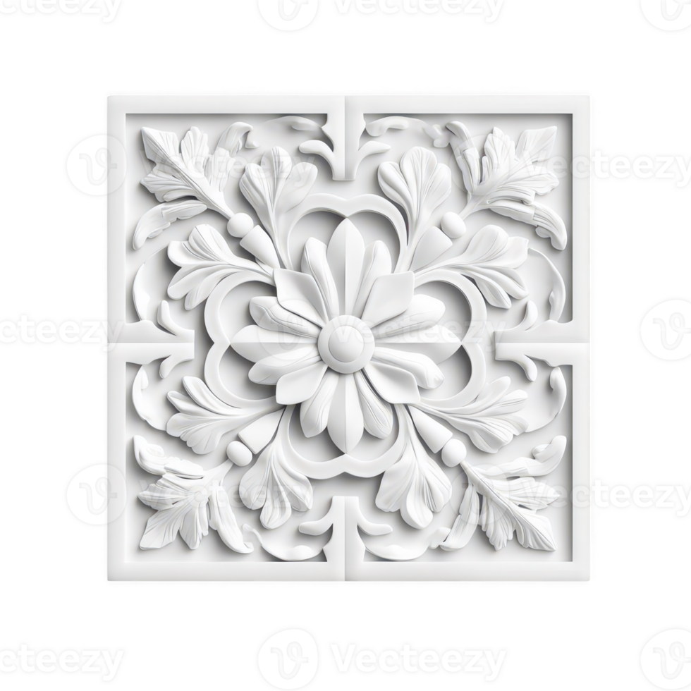 Intricate white floral plaster design with a symmetrical pattern and elegant detailing. png