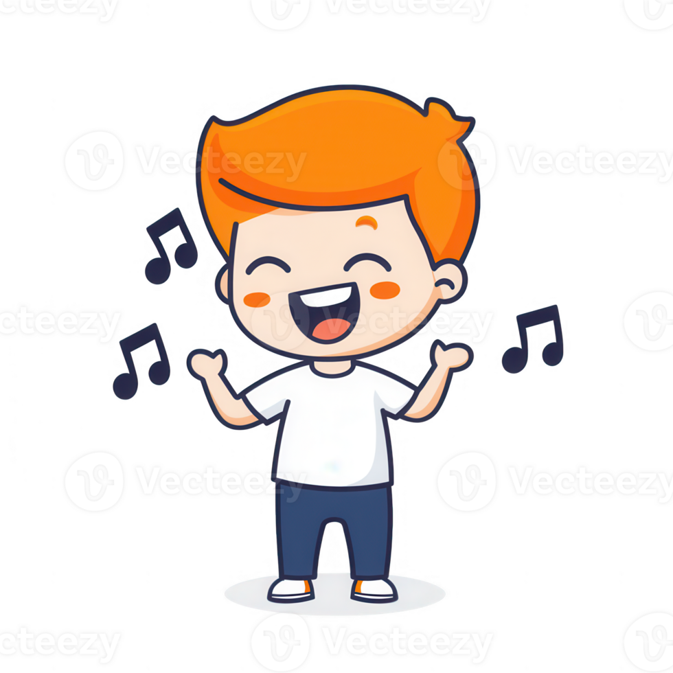 Happy cartoon boy singing joyfully with music notes around him. png