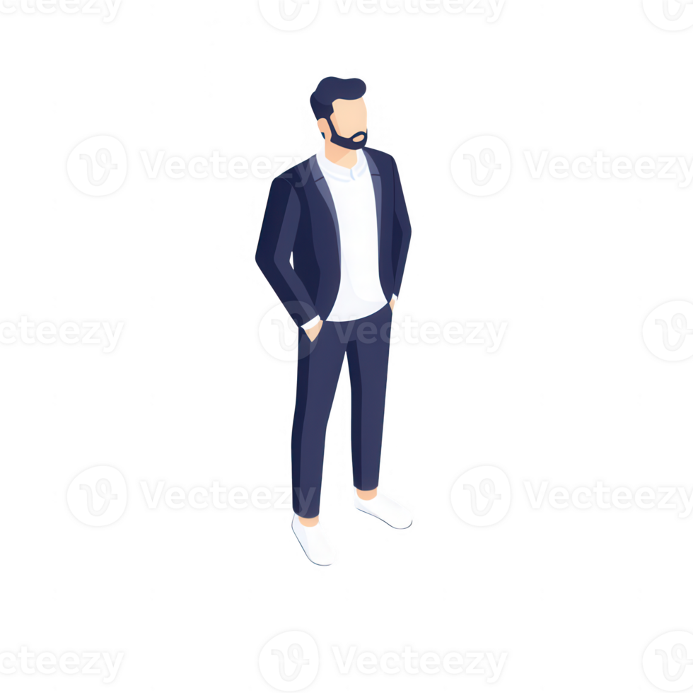 Stylish man in casual business attire, standing confidently with hands in pockets. png