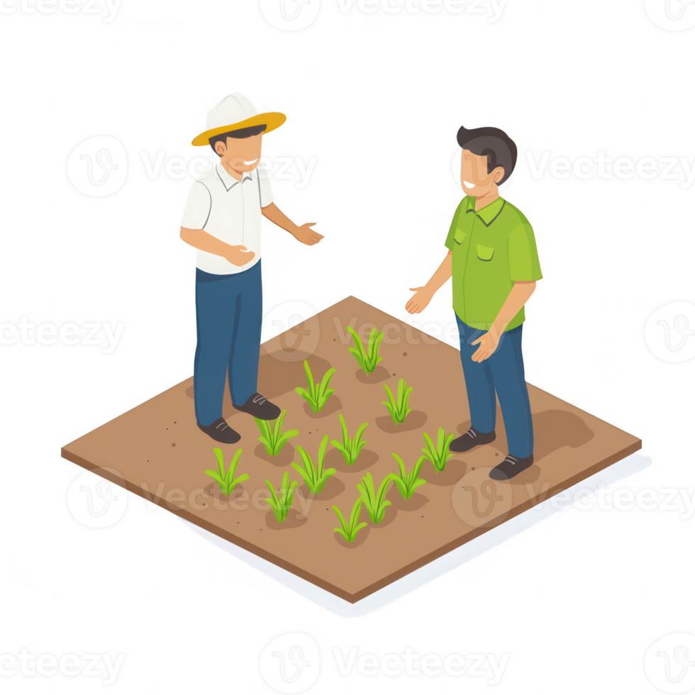 Two farmers discussing crop growth and techniques in a sustainable farm setting. png
