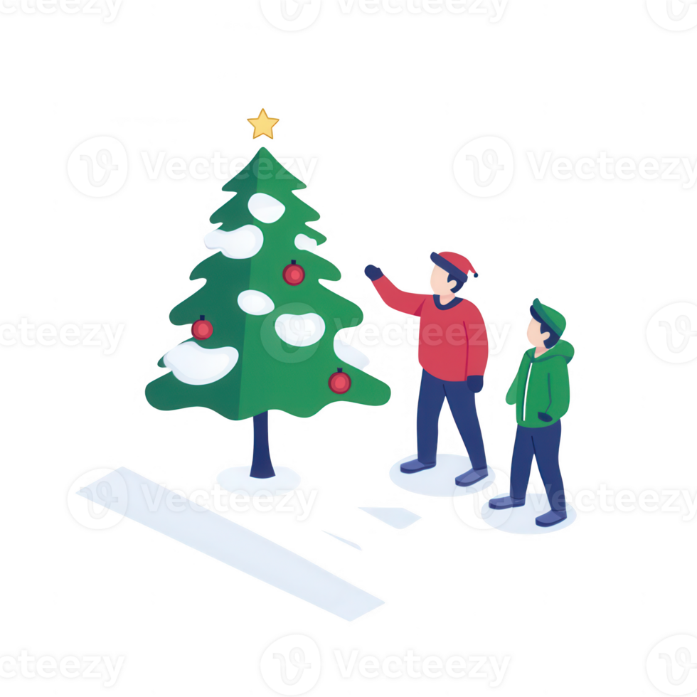 Two friends decorating a festive Christmas tree with ornaments and a star on top. png