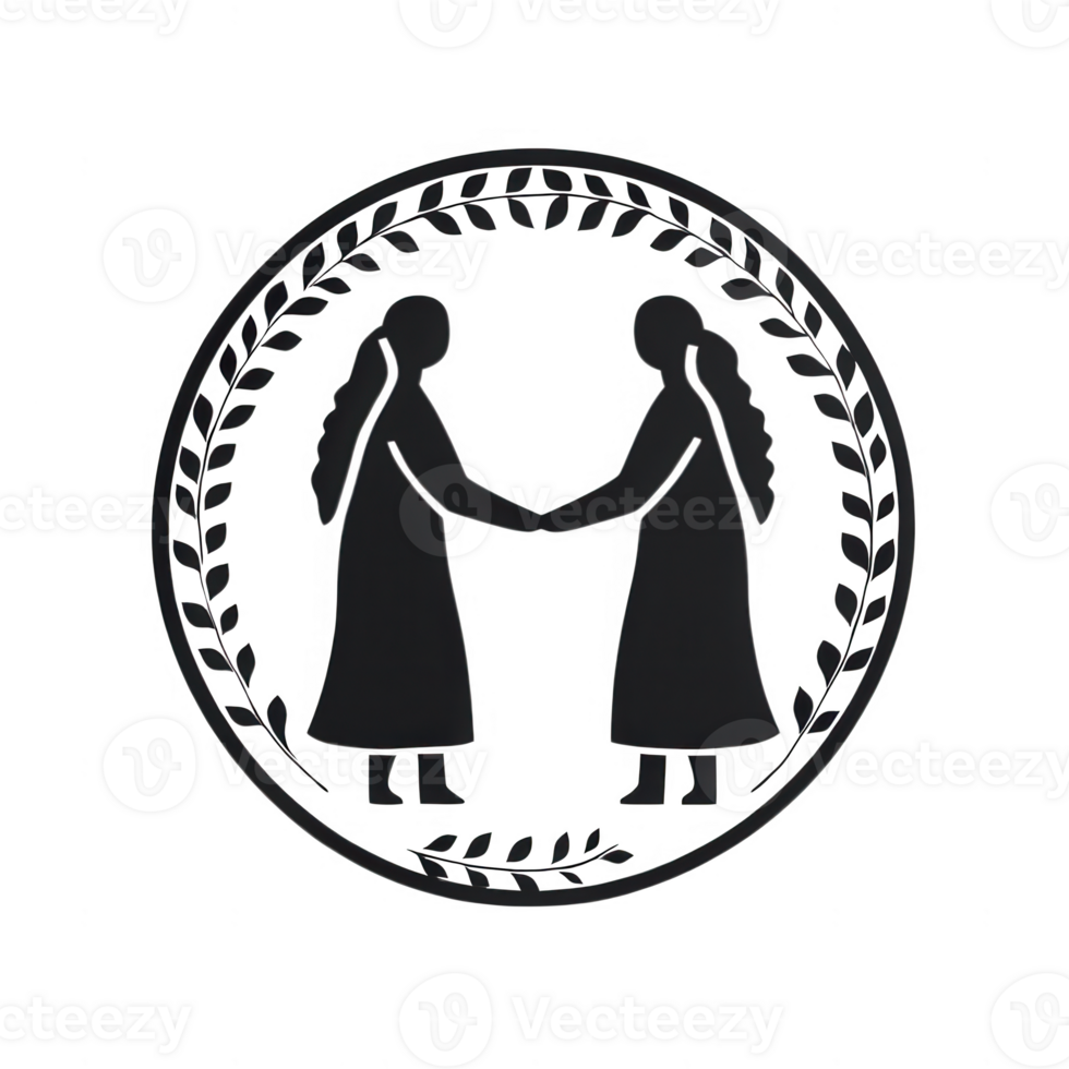 Two figures holding hands in a circular emblem symbolizing unity and connection. png