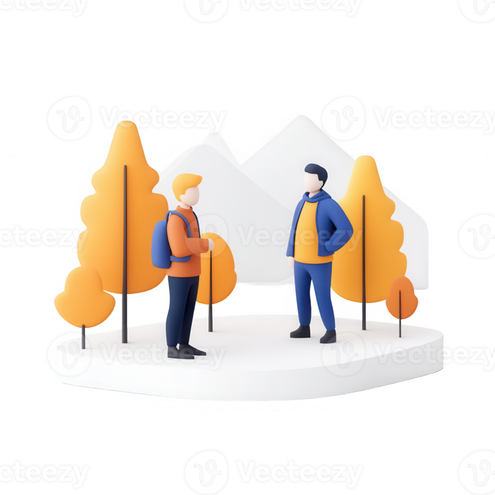 Two friends enjoying a conversation in a scenic outdoor setting with trees and mountains. png
