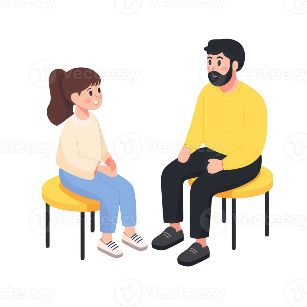 Two individuals engaged in a friendly conversation on yellow stools. png
