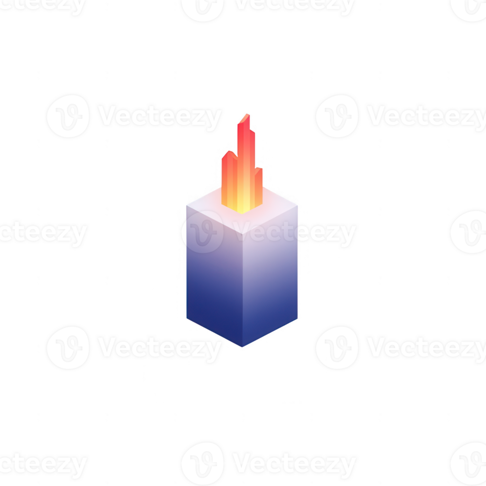 Stylized illustration of a blue and orange flame atop a geometric tower structure. png