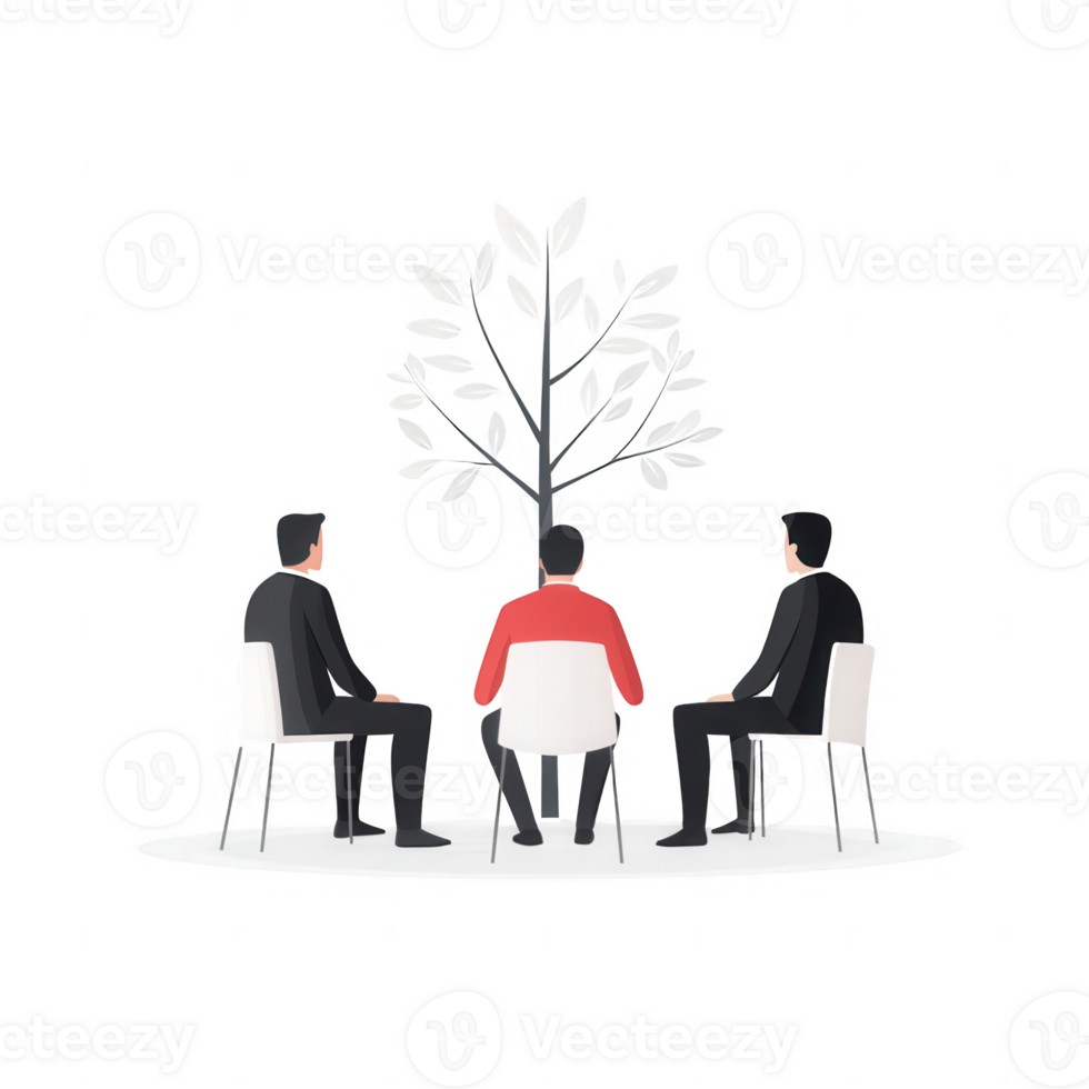 Three people in a meeting under a conceptual tree of ideas for brainstorming. png
