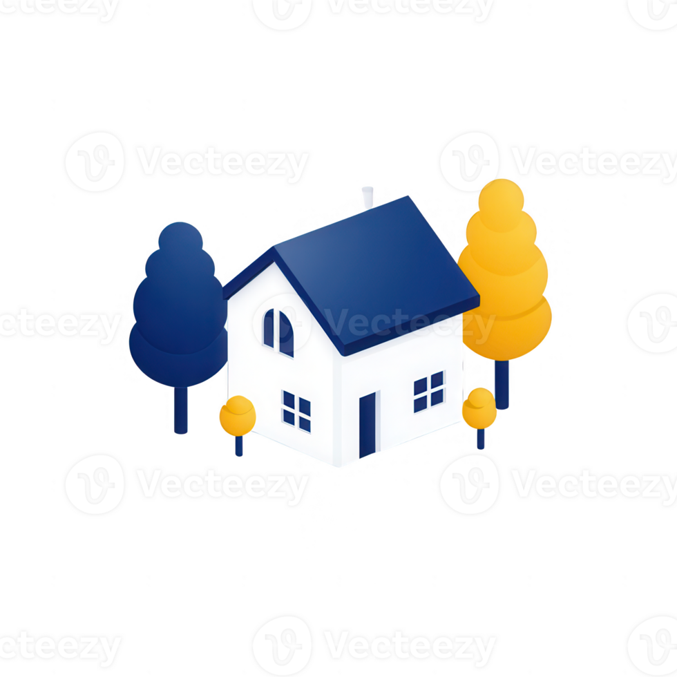 Stylized house illustration surrounded by vibrant trees in a colorful design. png