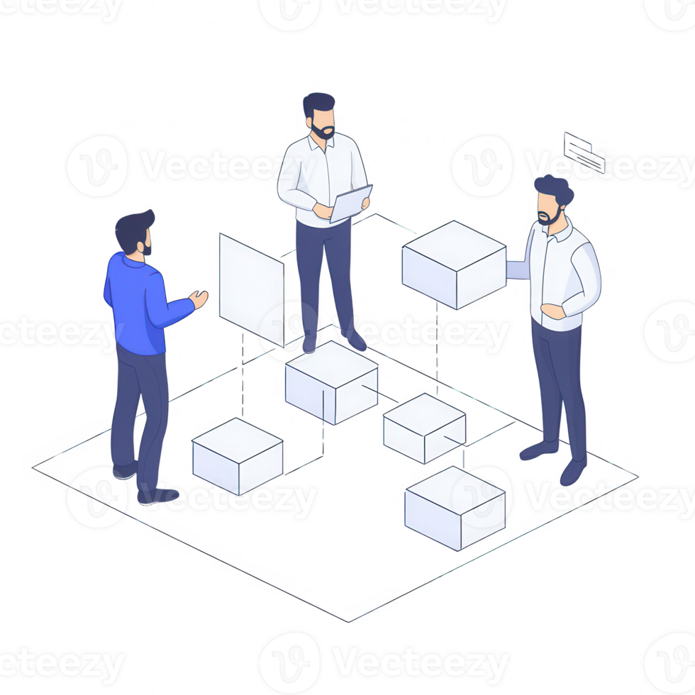 Three professionals collaborating in an isometric design on a project. png