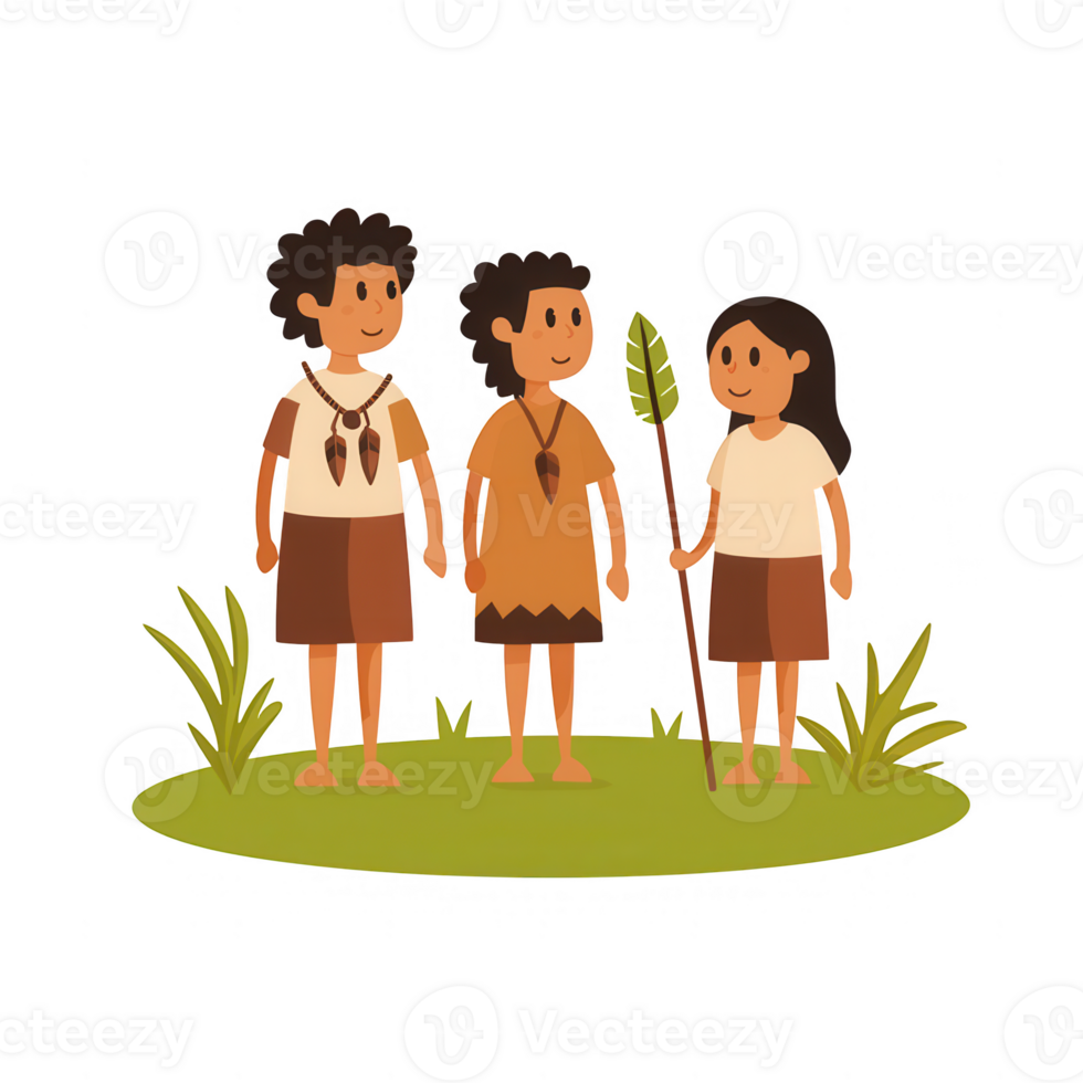 Three cartoon characters in traditional attire standing in a lush green environment. png