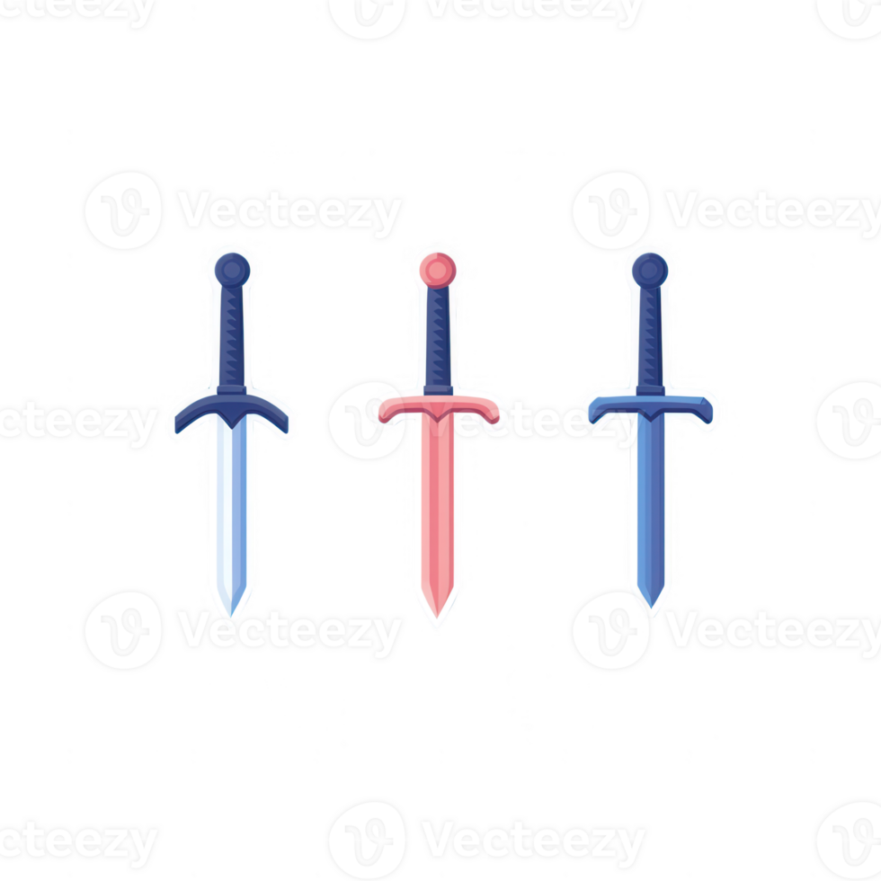Three stylized swords in blue and red colors for creative designs and illustrations. png