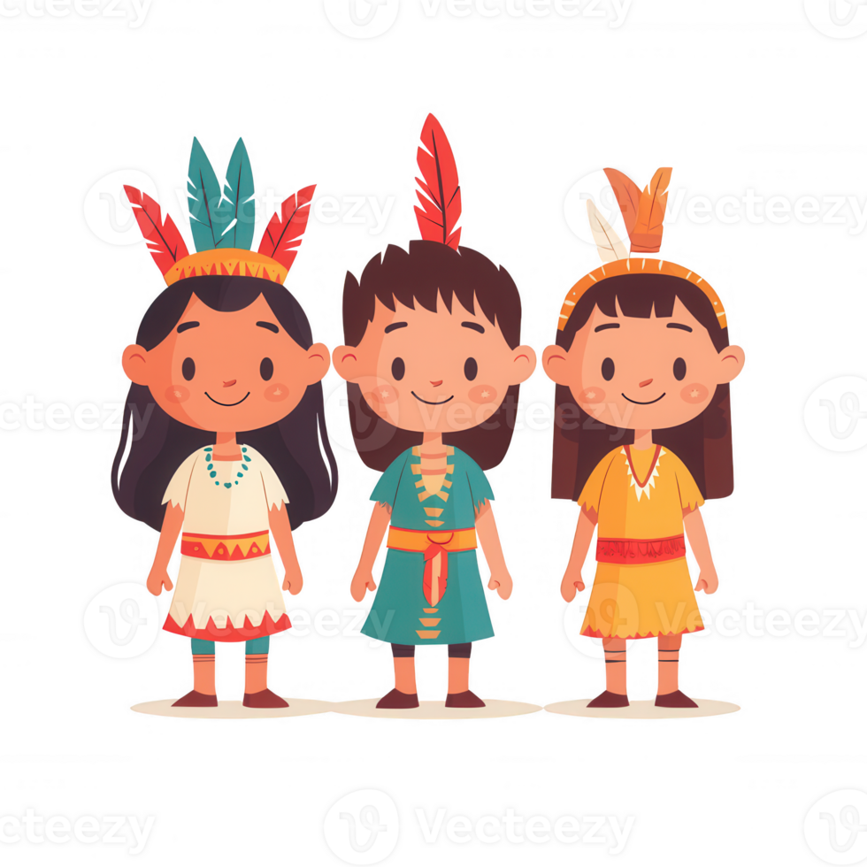 Three cartoon children in traditional attire with vibrant feathers. png