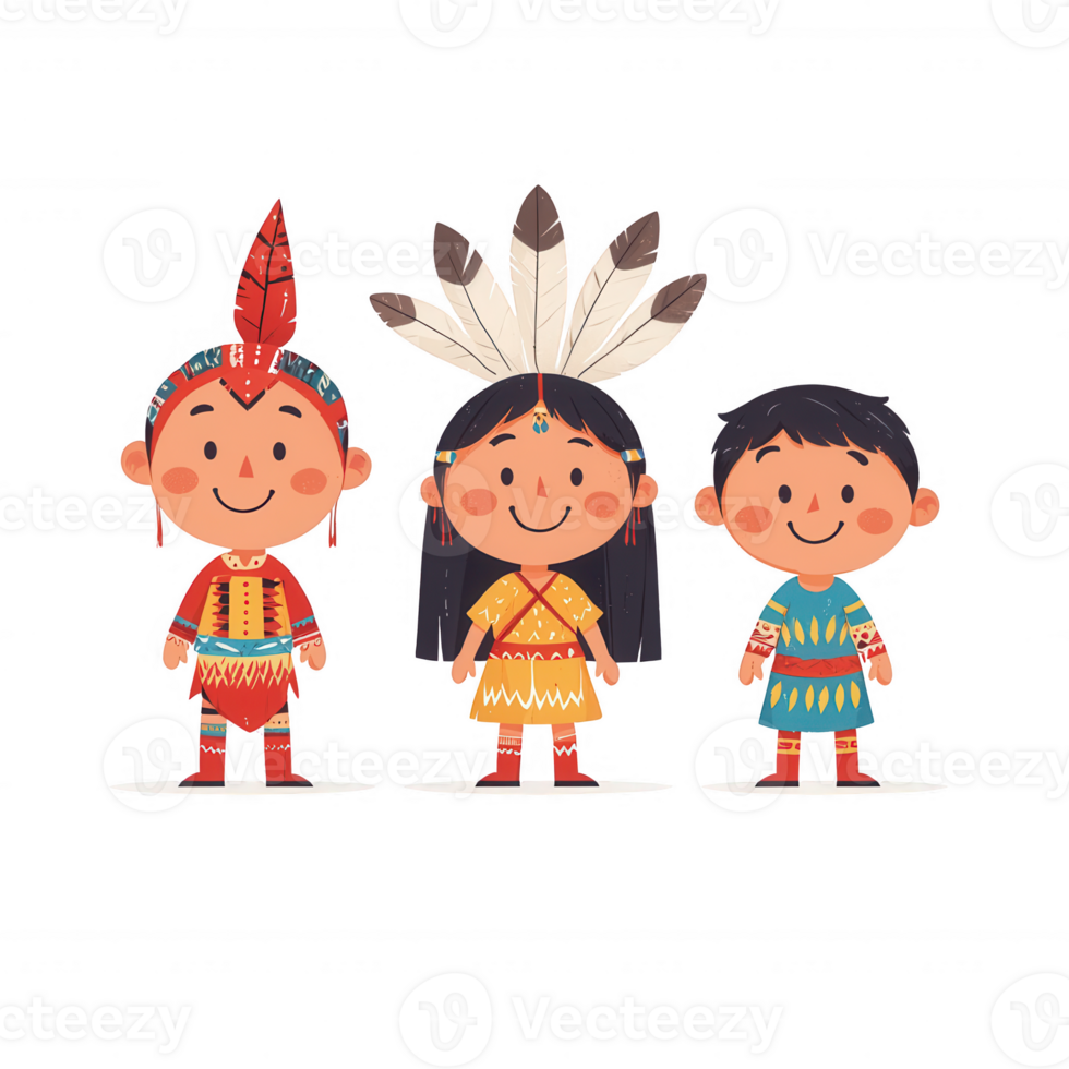 Three cheerful children dressed in traditional indigenous attire, celebrating culture. png
