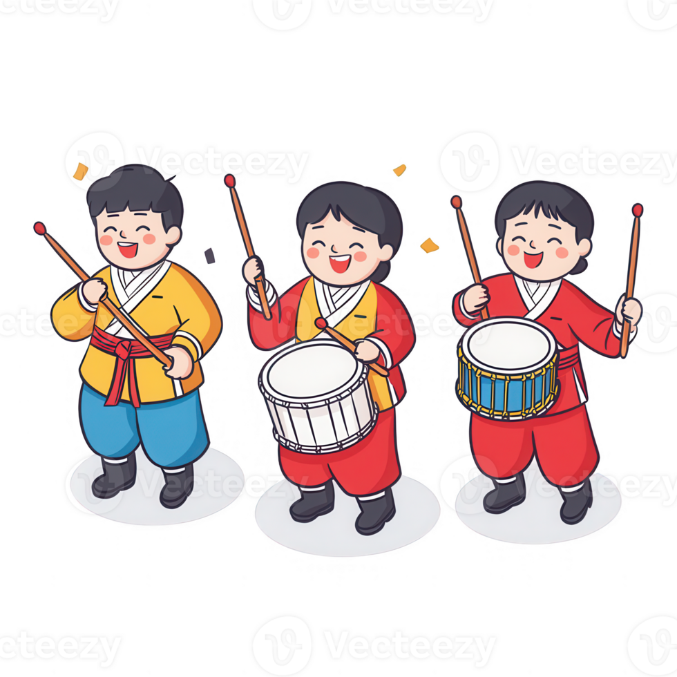 Three joyful children playing drums in colorful traditional attire. png
