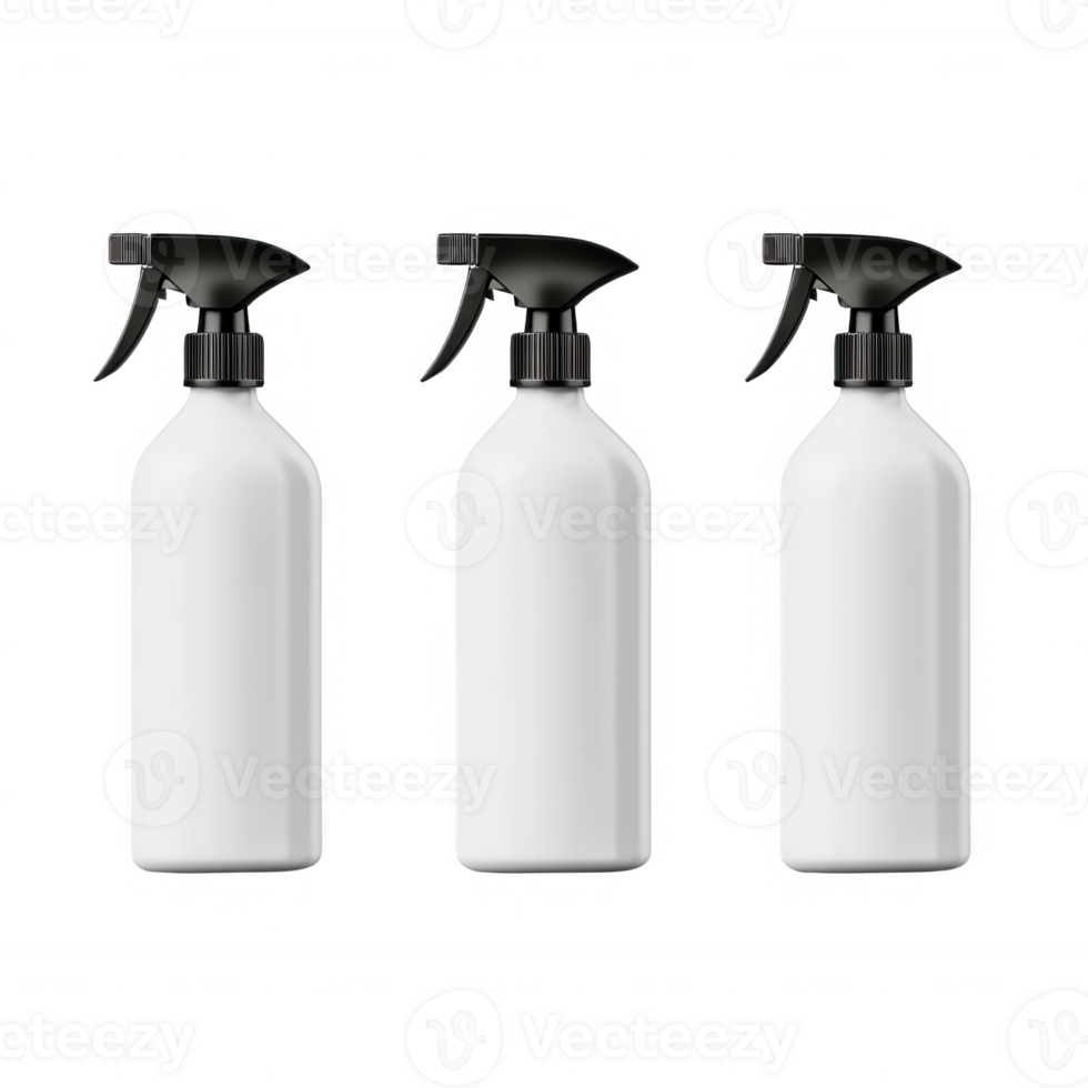Three white spray bottles with black nozzles for cleaning or personal care products. png