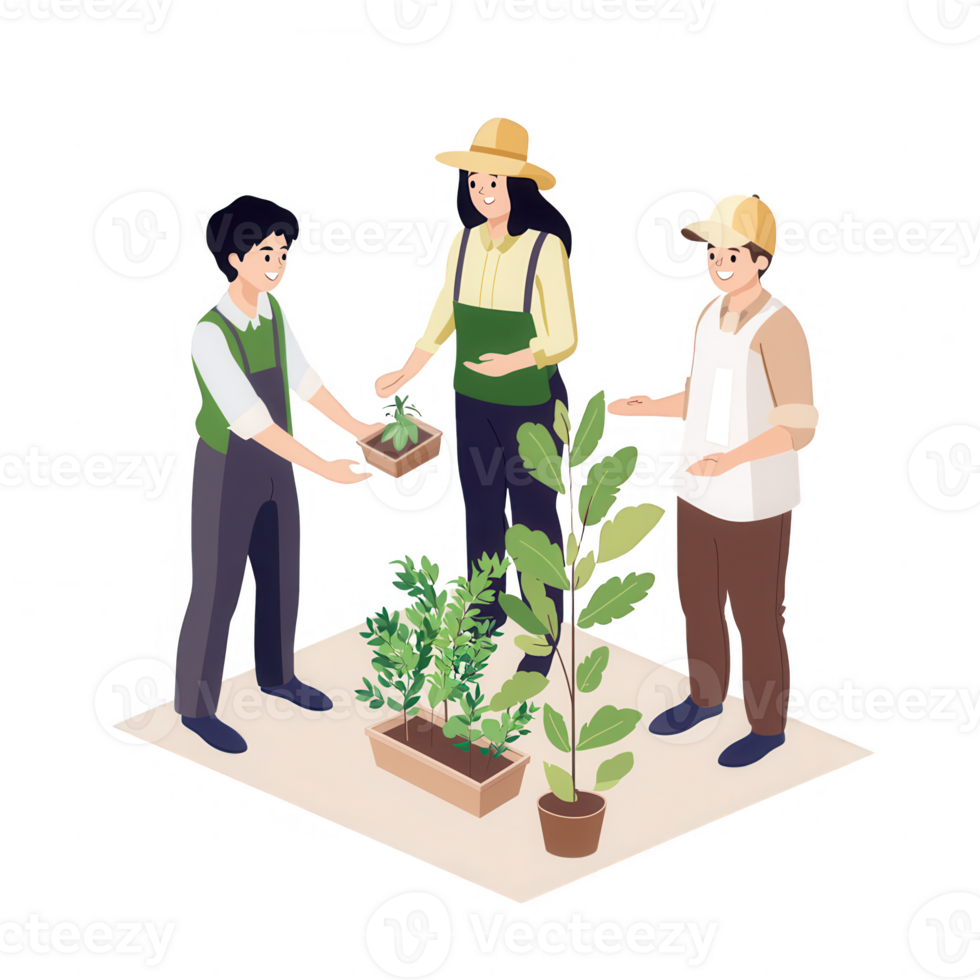 Three gardeners exchanging plants, showcasing collaboration and love for gardening. png