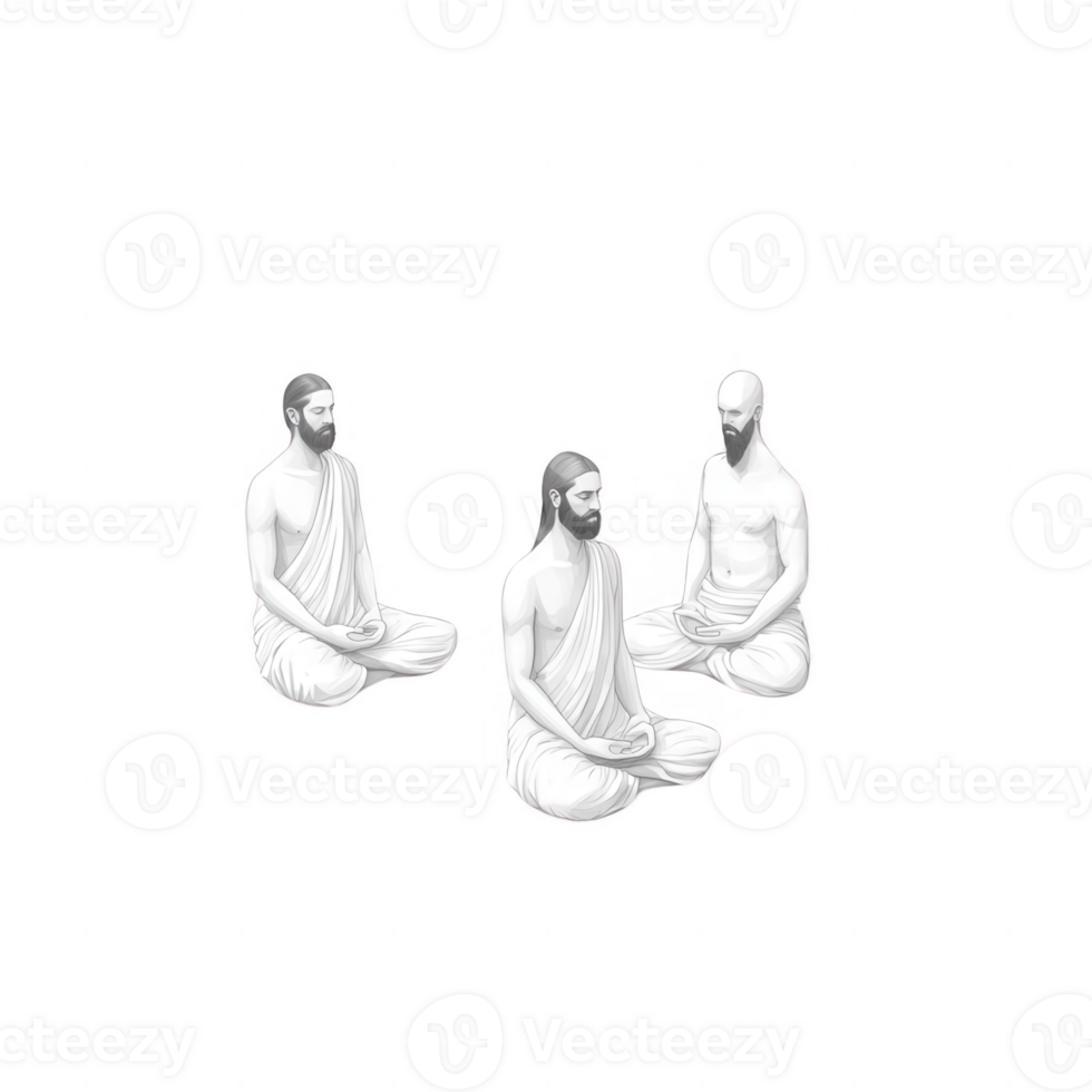 Three figures in meditation, symbolizing peace, spirituality, and introspection. png