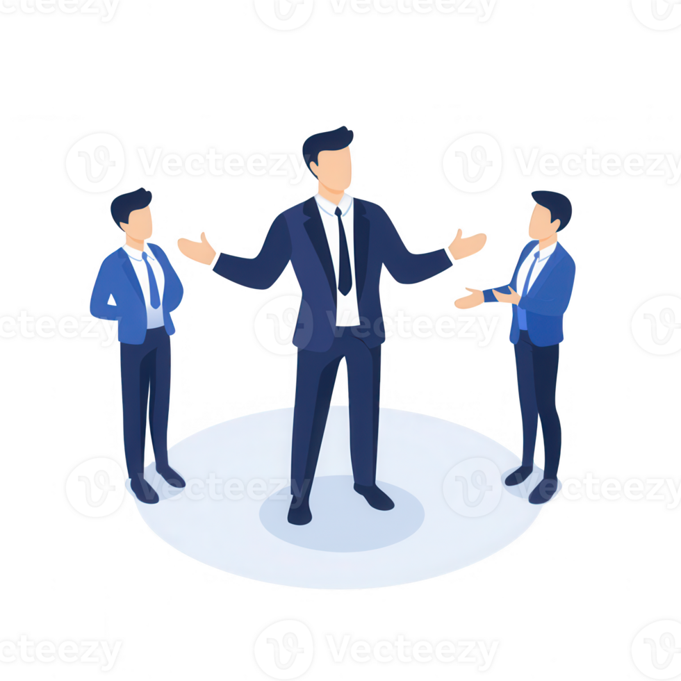 Three business people engaging in a discussion with open gestures and professional attire. png