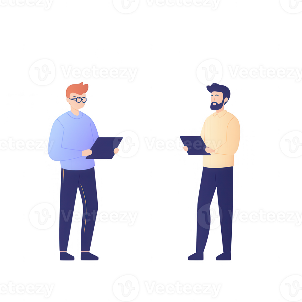 Two professionals discussing ideas using digital tablets in a modern office setting. png