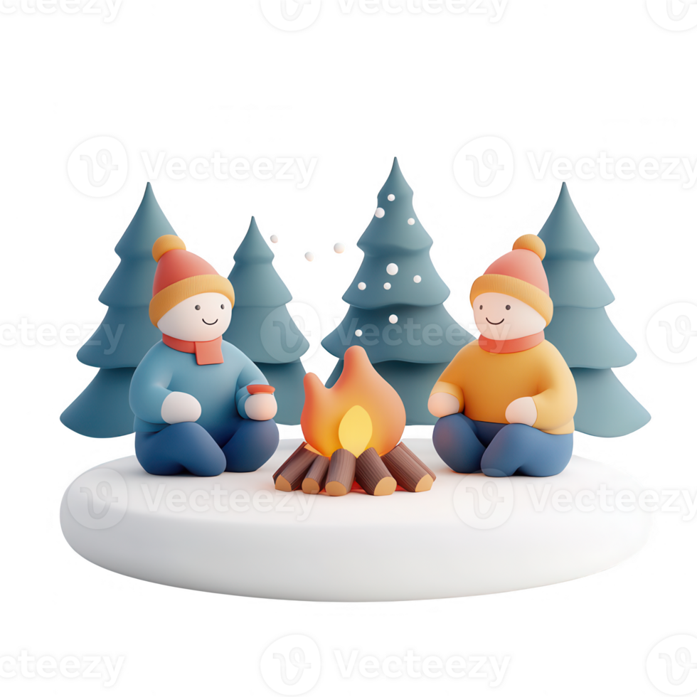 Two cheerful figures enjoying a cozy campfire in a winter landscape. png