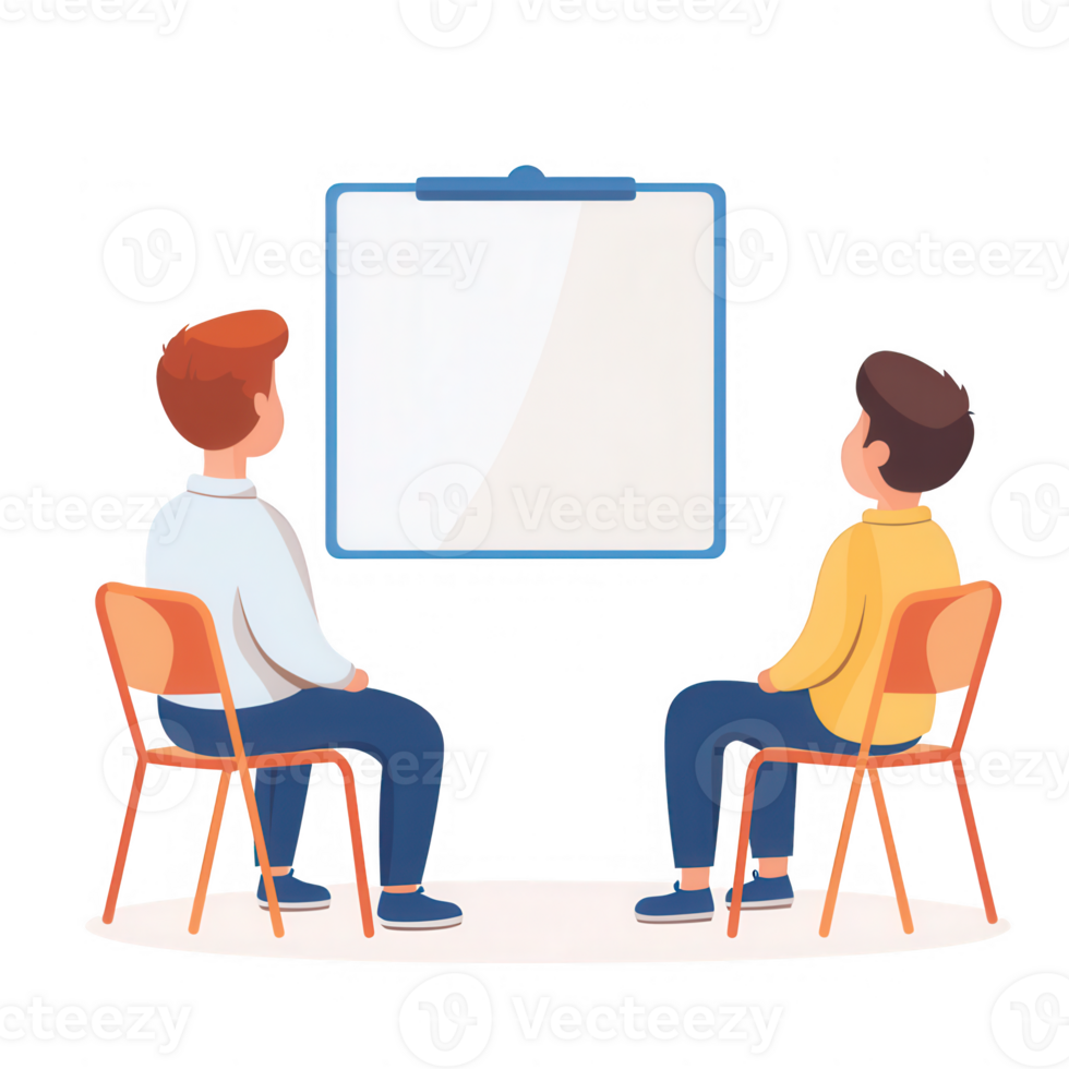 Two men in a meeting watching a presentation on a whiteboard. png