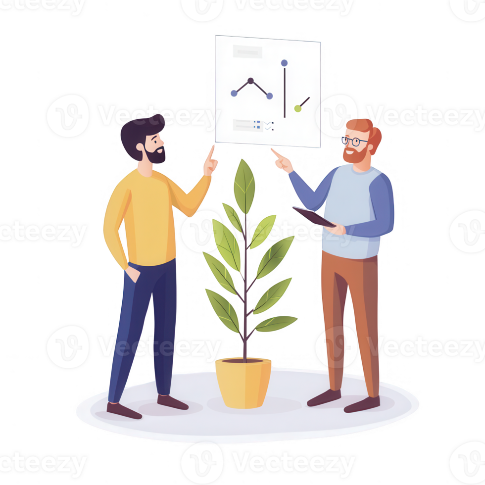 Two professionals discussing data analysis in an office setting with a plant. png