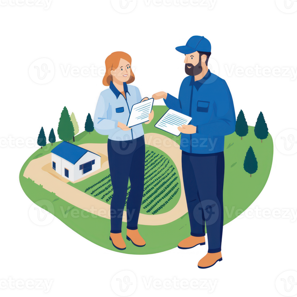 Two professionals discussing project details in a rural setting. png
