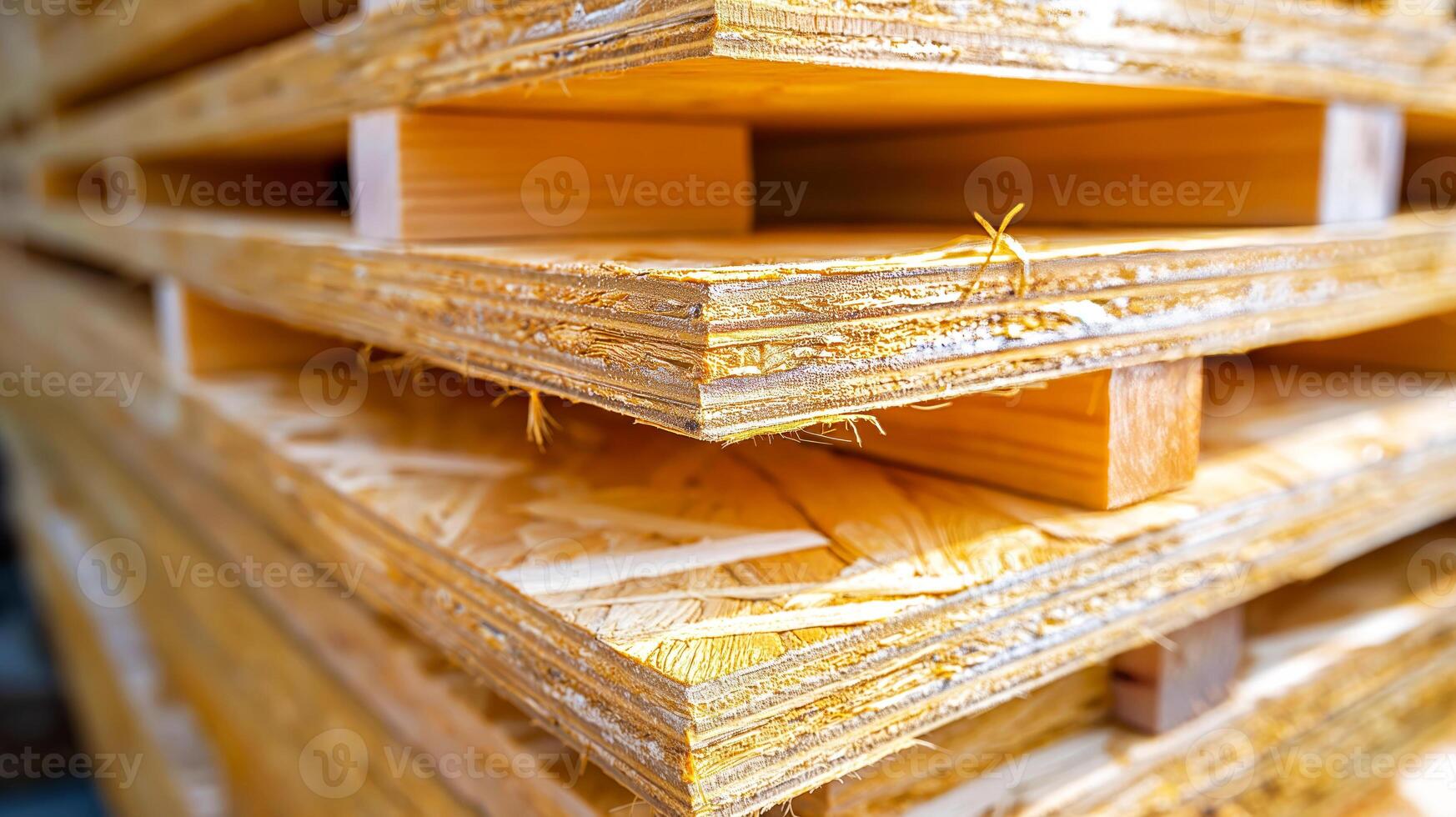 Close-up of oriented strand board , OSB panels stacked at construction site or warehouse. The rough texture of edges and visible wood fibers highlight the industrial quality of the panels photo