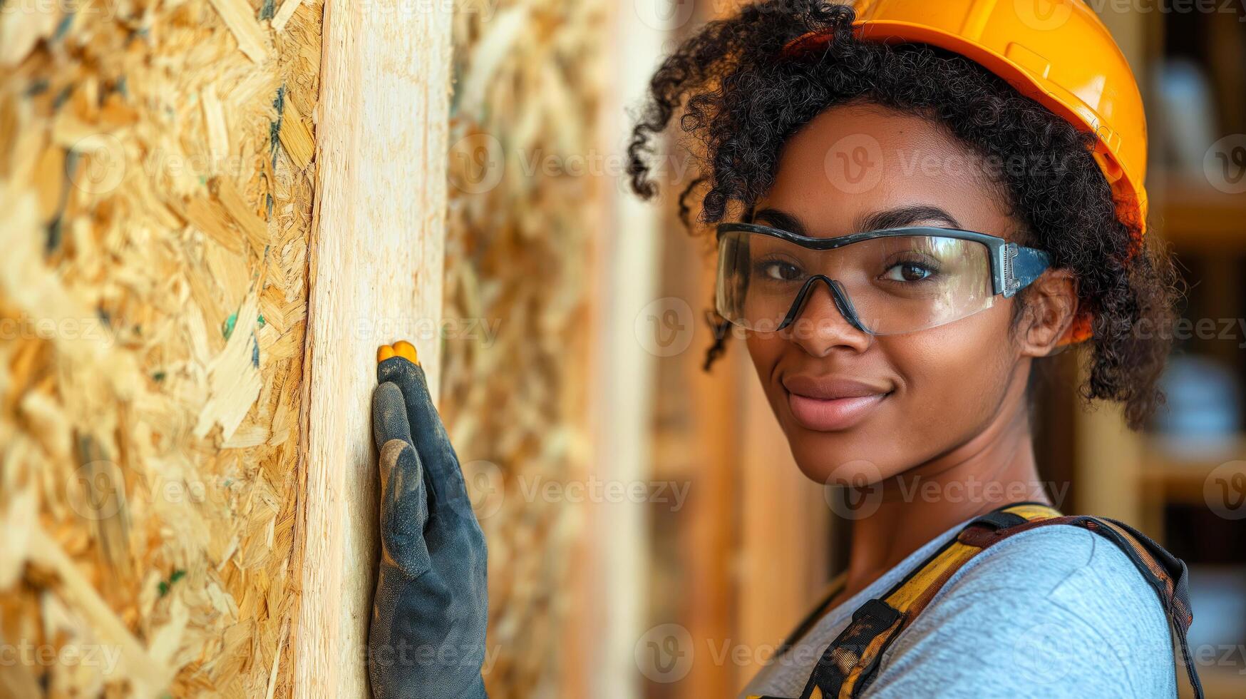 Confident, skilled, black, afro american, smiling female construction worker wearing yellow hard hat, safety glasses, gloves, working on wooden frame house. Empowerment and diversity in photo