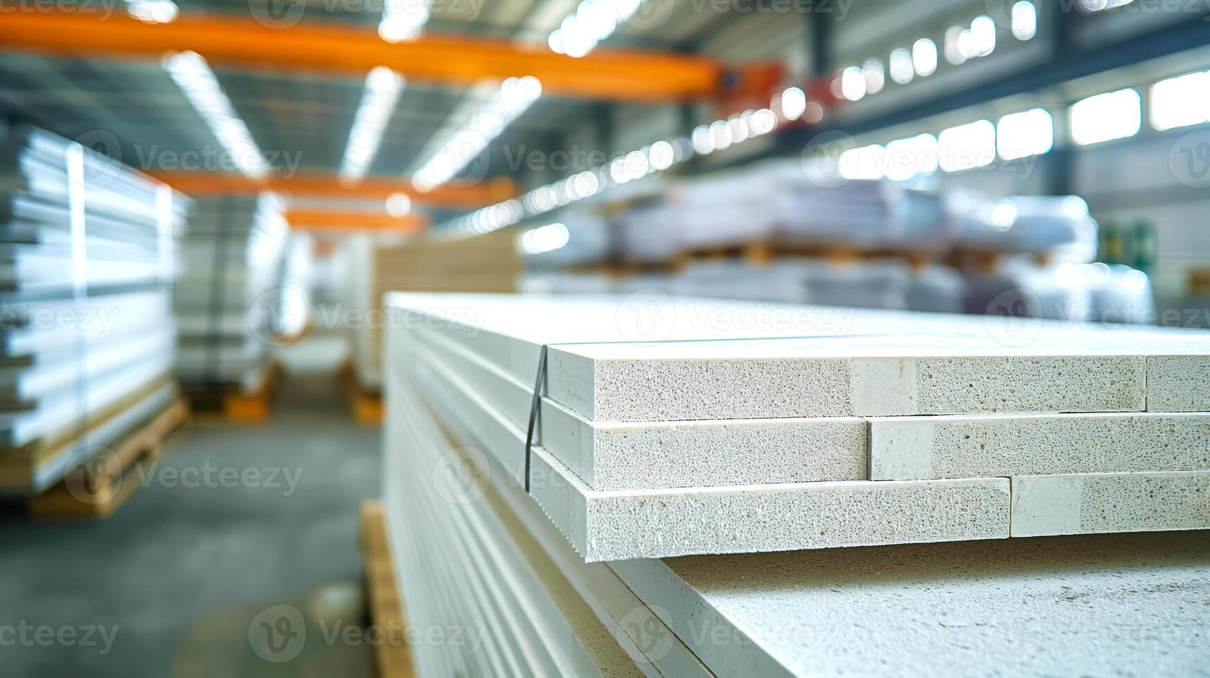 Stack of extruded polystyrene foam boards neatly arranged in modern production warehouse. Perfect for illustrating insulation materials, construction supplies, and warehouse operations photo