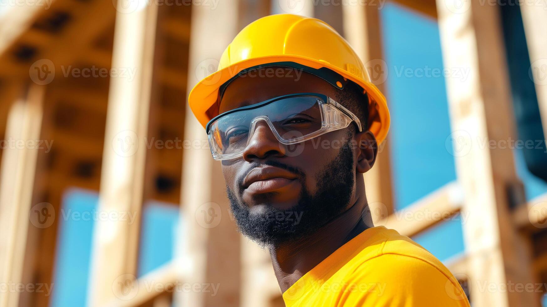 Black, afro american, confident construction worker wearing yellow safety helmet and clear protective glasses. Man is standing in front of wooden frame structure, construction process of new house photo