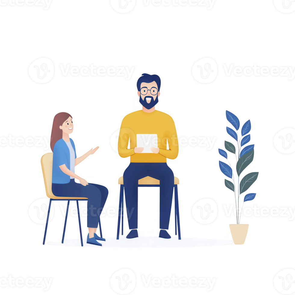 Two people engaged in conversation while sitting on chairs with a plant. png