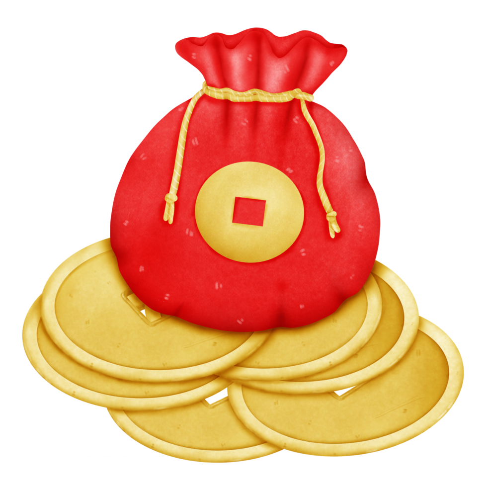 Chinese Red Bag on a Pile of Coins Illustration png